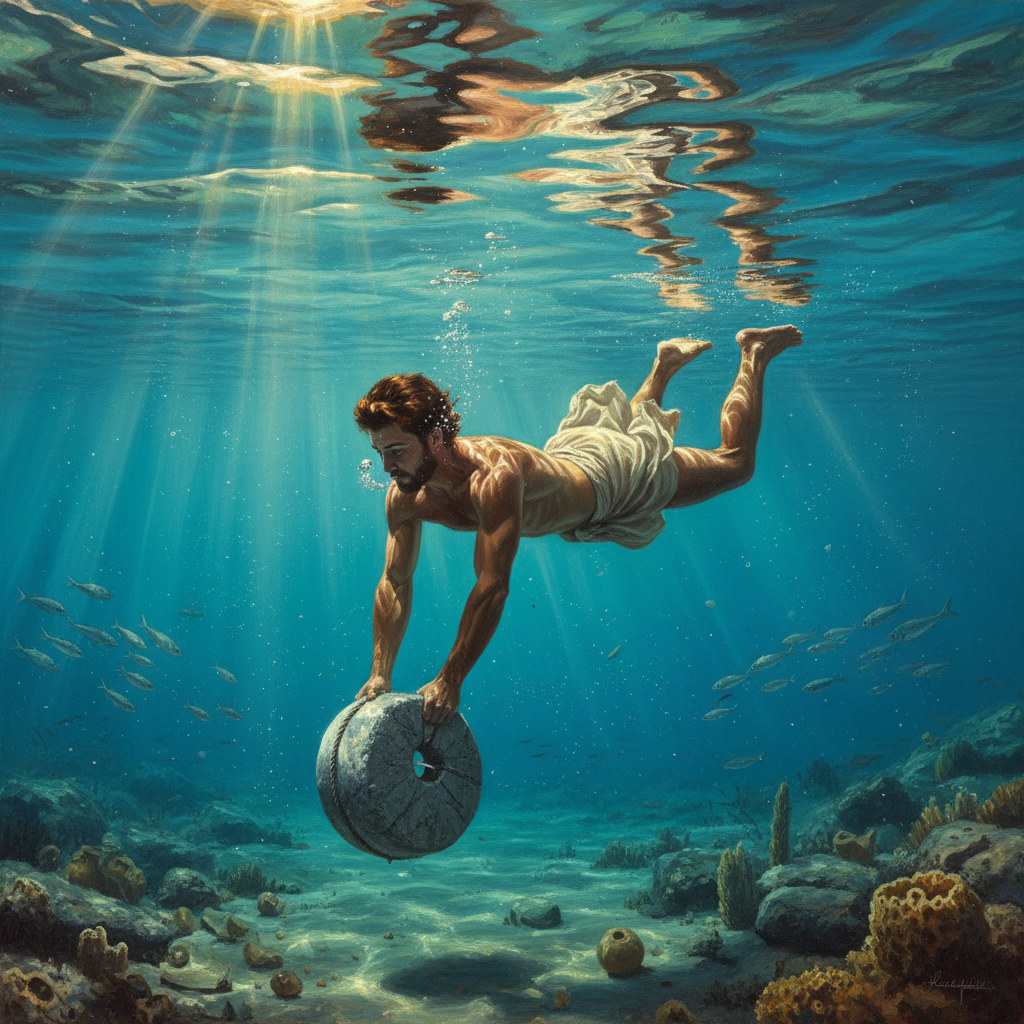 Ancient breath-hold diver descending through clear water with a weight stone