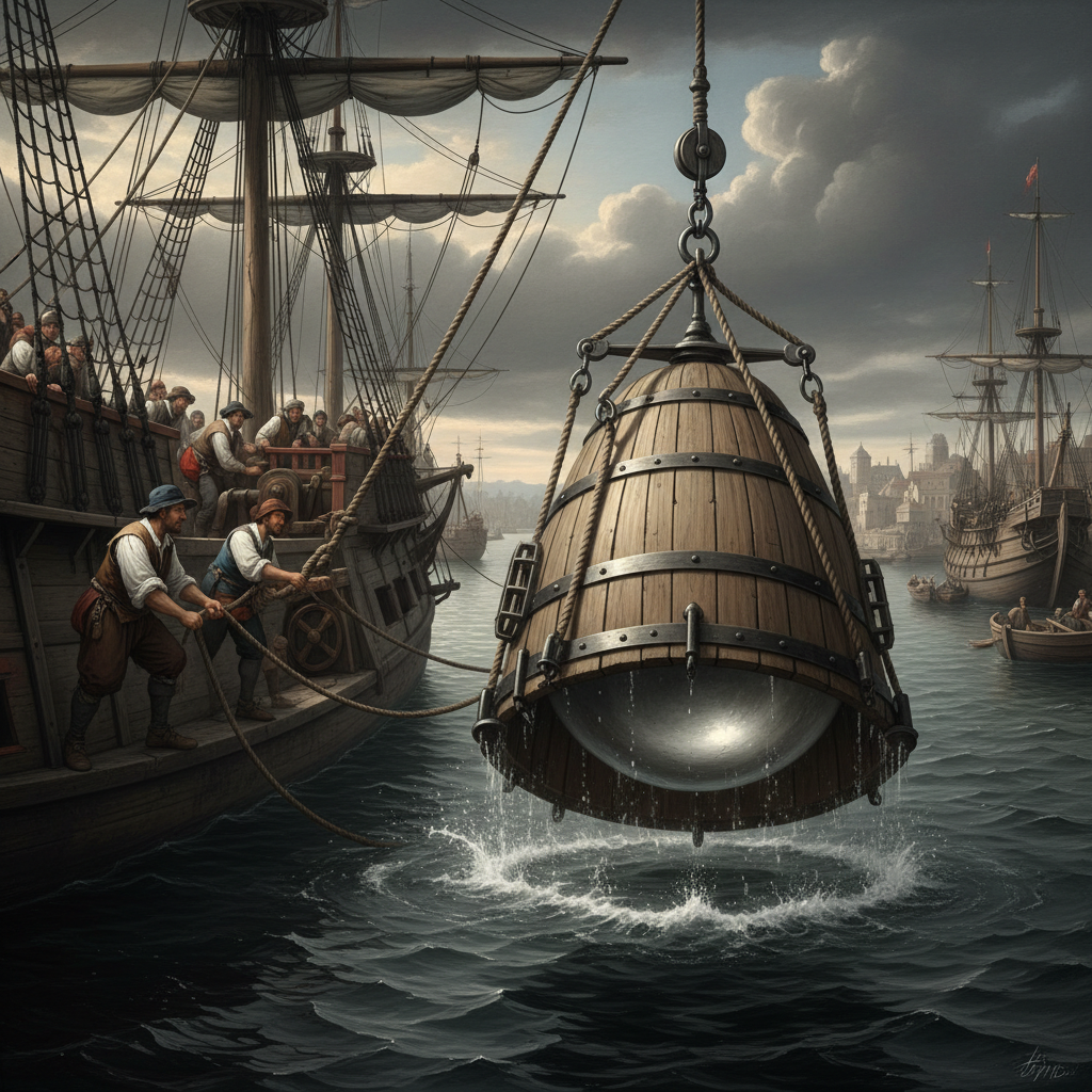 Renaissance-era diving bell being lowered into harbour water from a tall ship