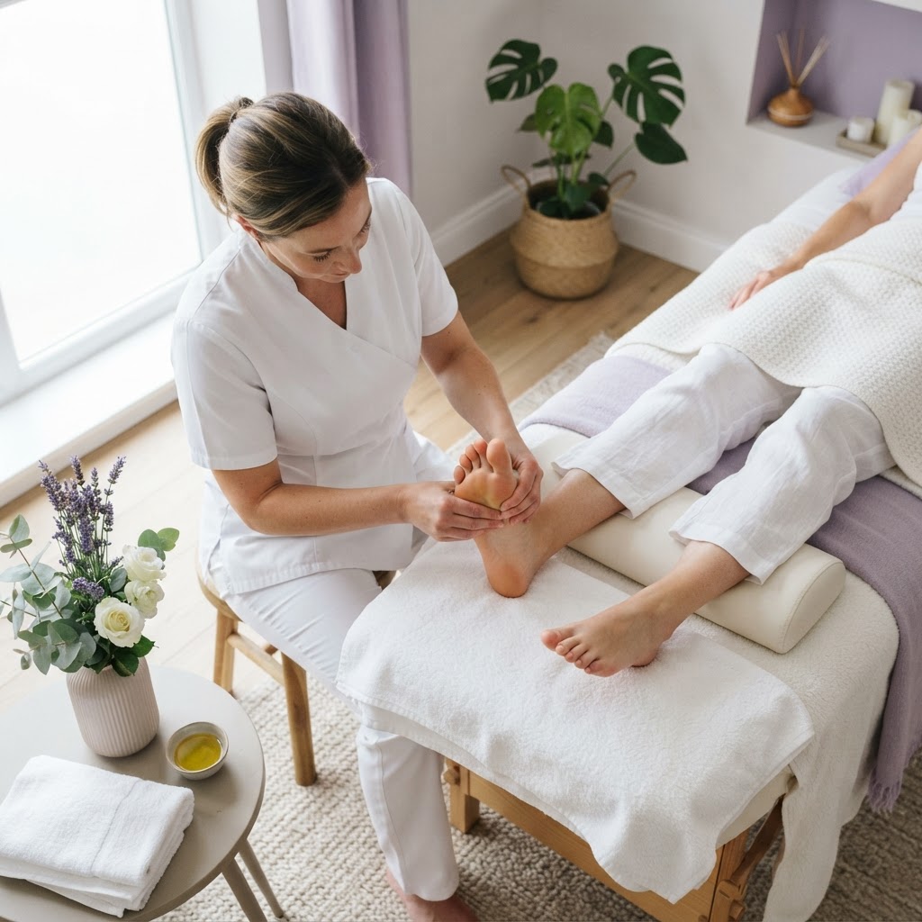 Professional reflexology treatment being performed on a client's feet