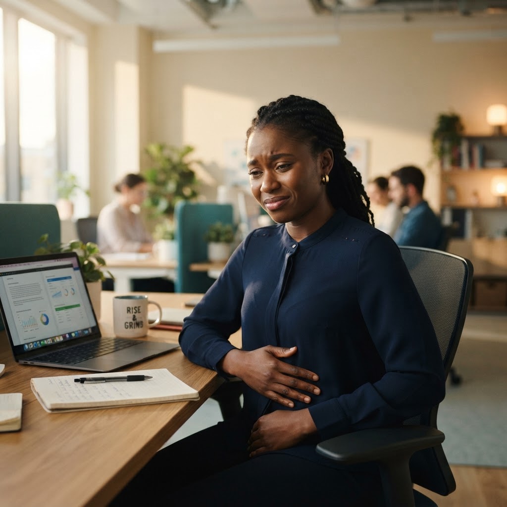 A professional woman experiencing subtle digestive discomfort at her desk