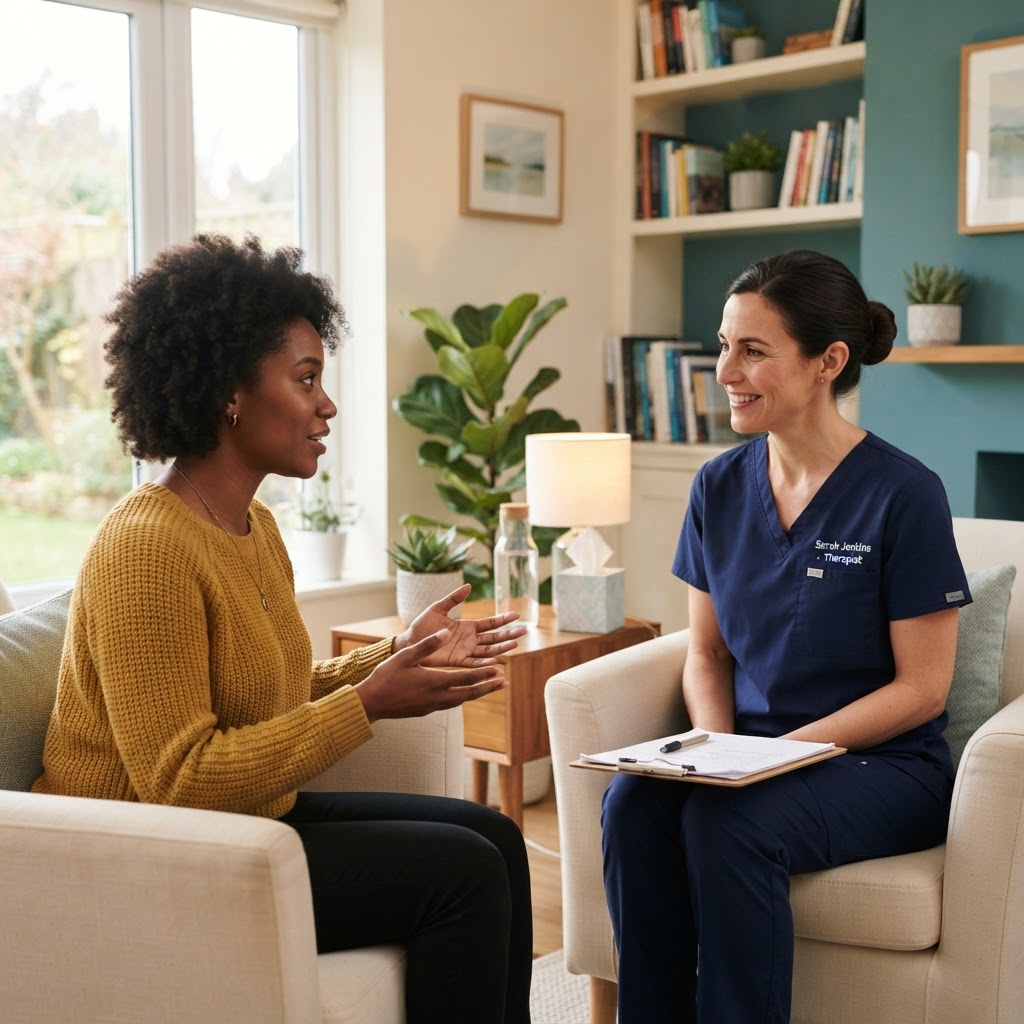 A Cleanse Colon Hydrotherapy therapist in navy scrubs in a private consultation with a client