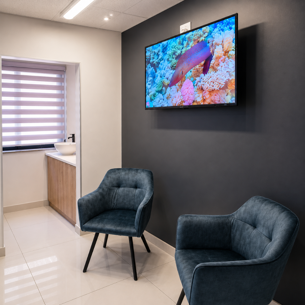 Waiting area with teal velvet armchairs and coral reef TV display