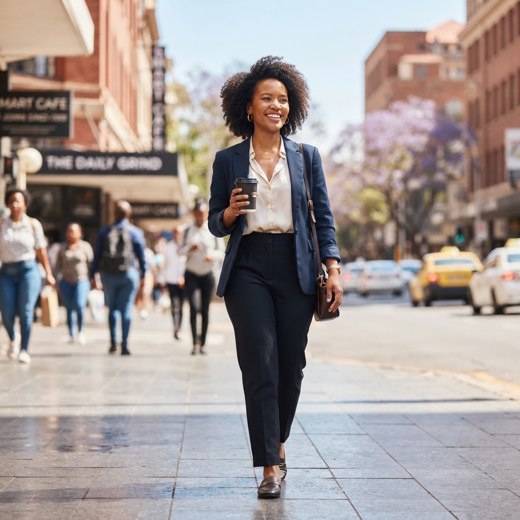 A confident woman returning comfortably to her ordinary work day