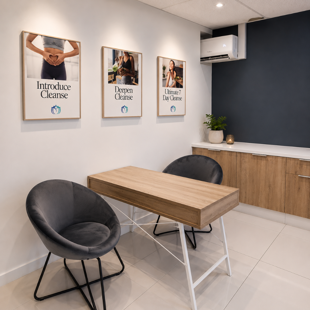 Cleanse consultation room with cleanse programme posters