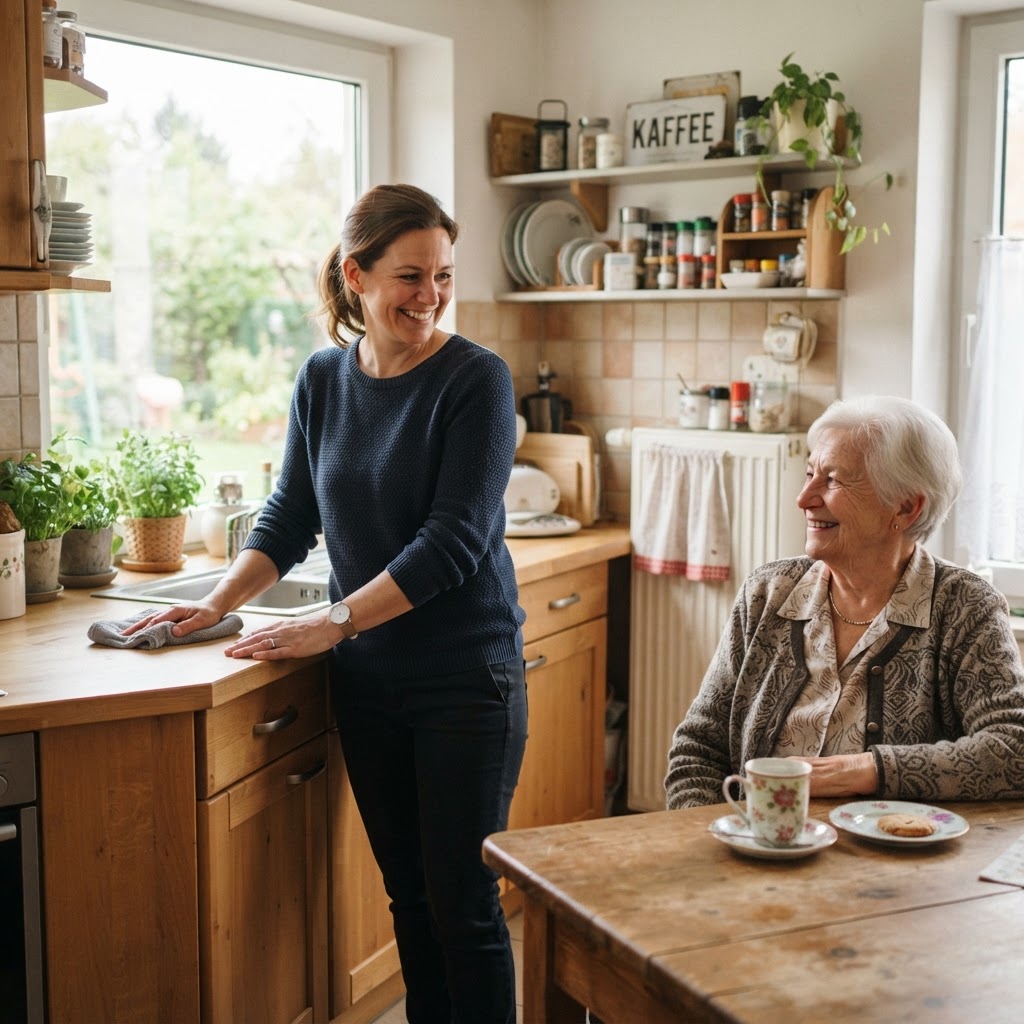 Haushaltshilfe reinigt die Küche, während eine Seniorin entspannt am Tisch sitzt