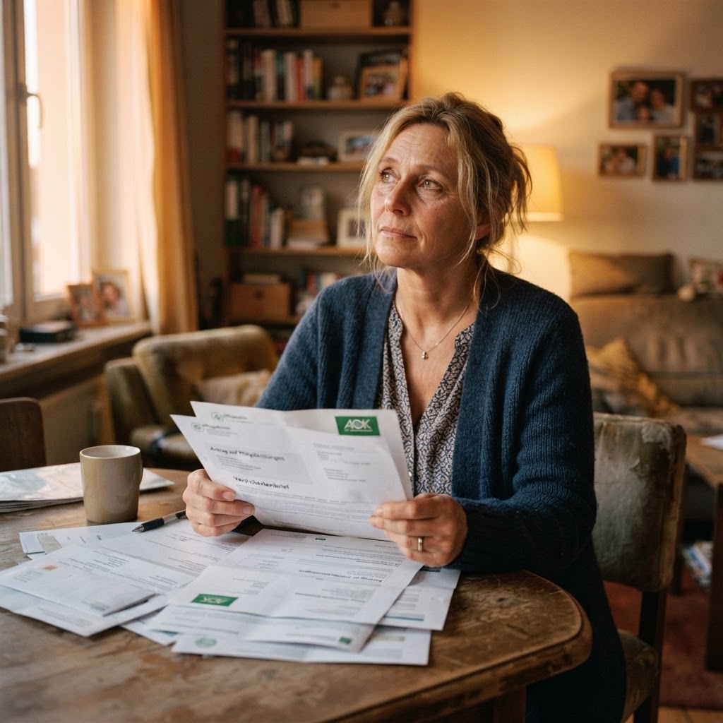 Pflegende Angehörige mit Unterlagen der Pflegekasse