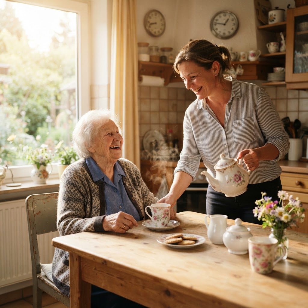 Haushaltshilfe und Seniorin lachen gemeinsam am Küchentisch