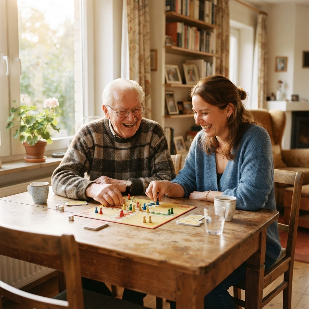 Betreuungskraft spielt ein Gesellschaftsspiel mit einem lachenden Senior