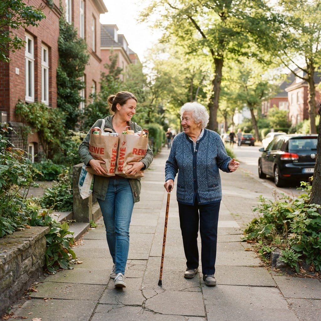 Helferin begleitet eine Seniorin mit Einkaufstaschen auf der Straße