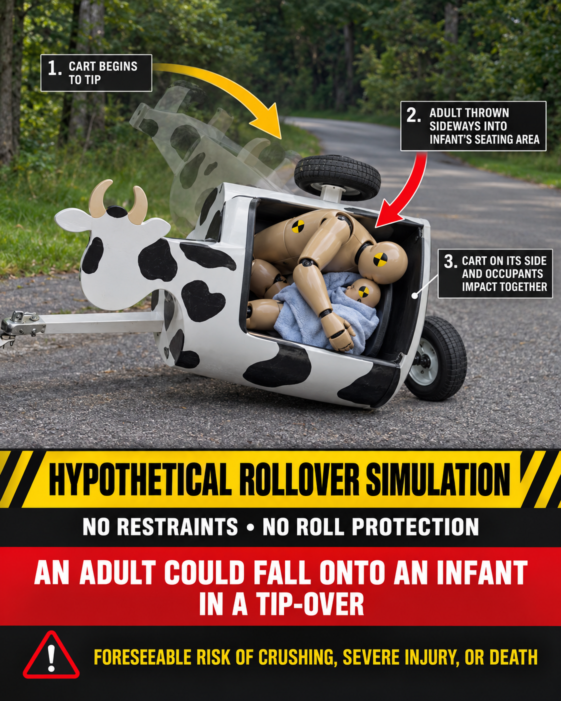 Hypothetical rollover simulation showing an adult falling onto an infant in a cart tip-over
