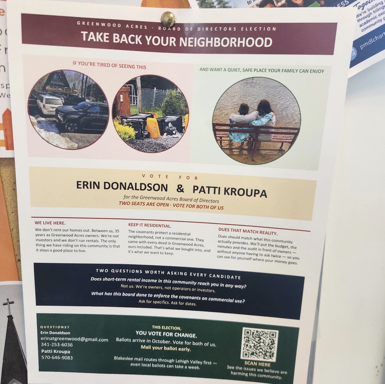 Campaign flyer for Erin Donaldson and Patti Krupka with QR code exposing community documents