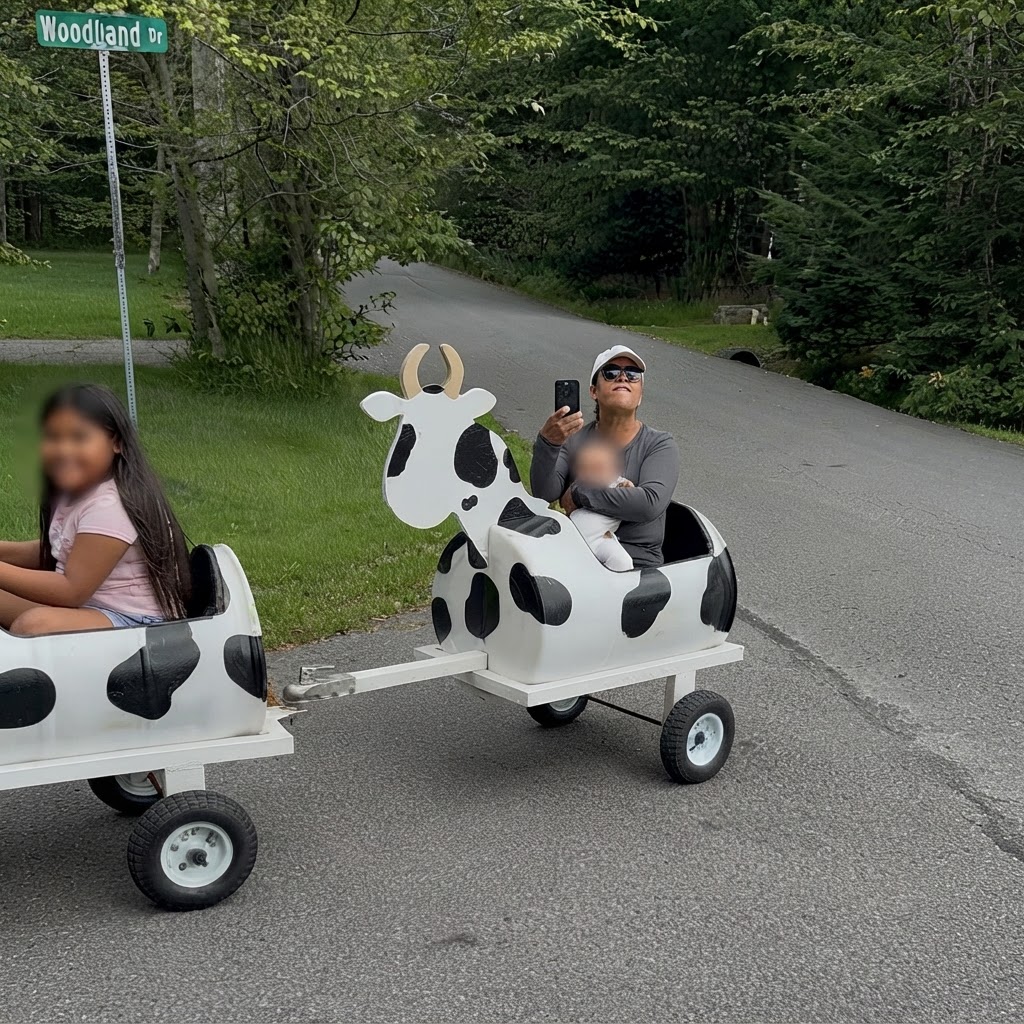 Resident riding in a homemade cow cart on a public road while holding an infant on her lap (infant face blurred)