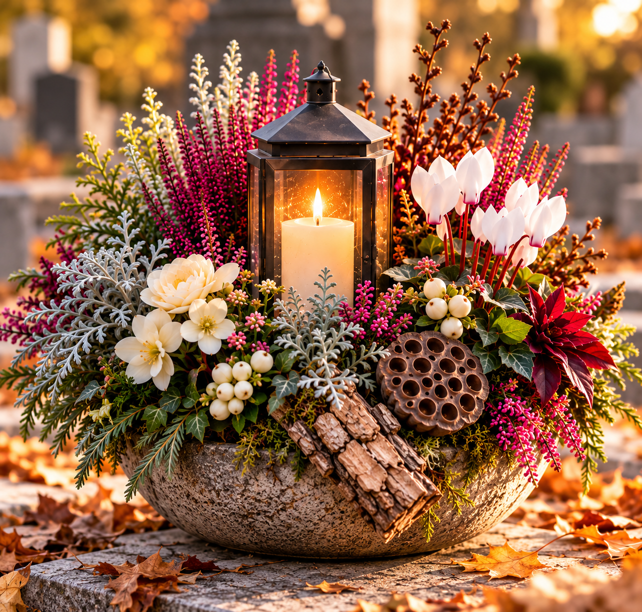 L’Écrin Lumineux – Composition florale de Toussaint avec lanterne LED