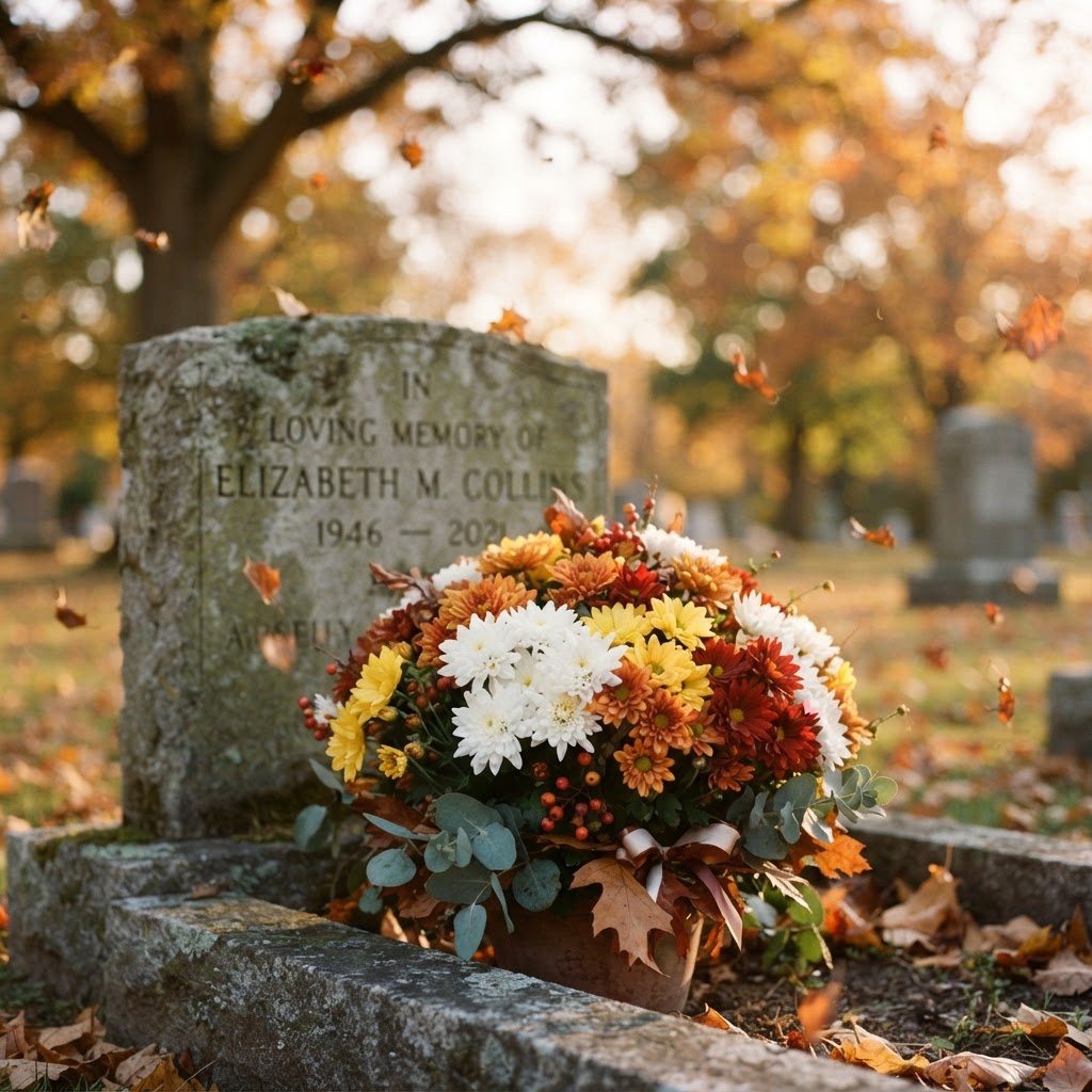Chrysanthèmes sur une tombe à la Toussaint