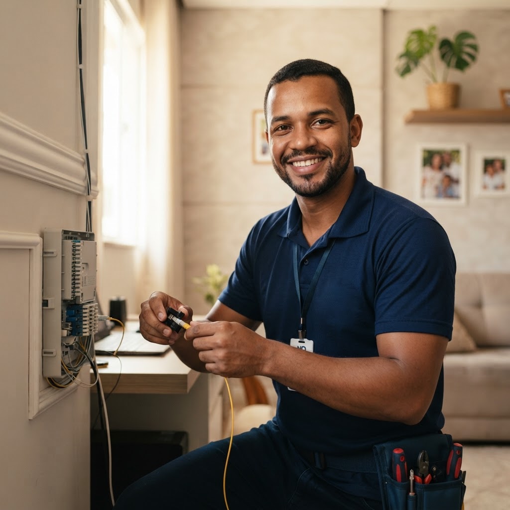 Técnico Asnet instalando fibra óptica em Paulo Afonso