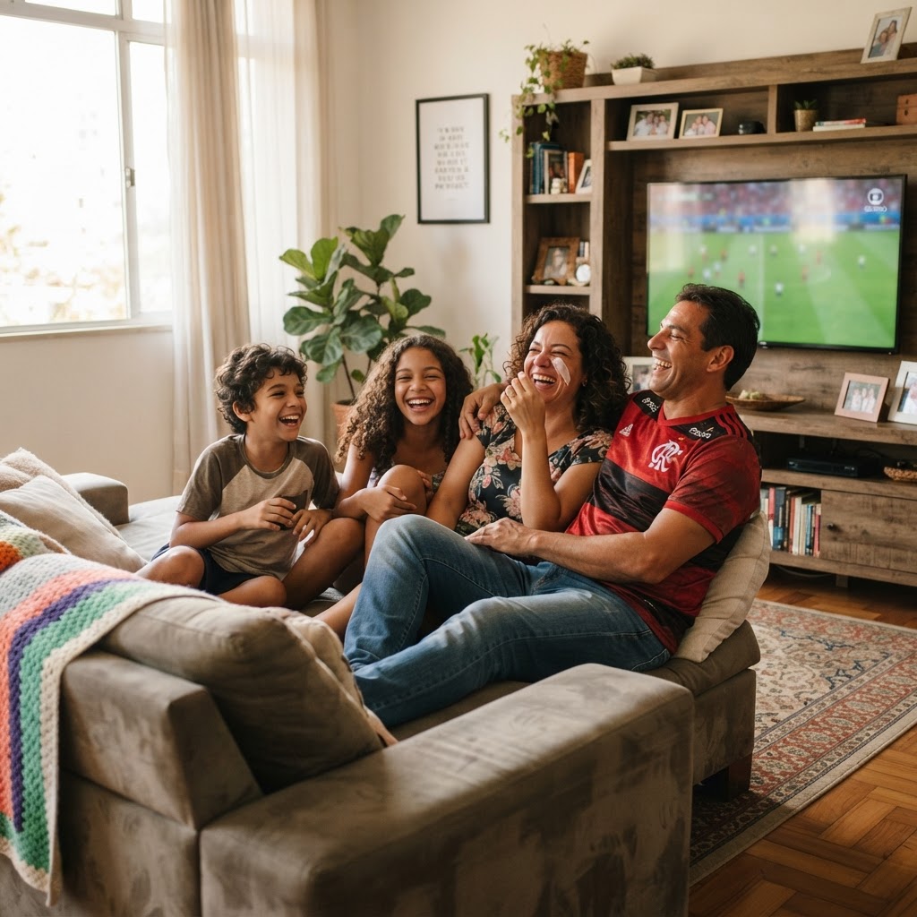 Família rindo e assistindo TV com a Asnet