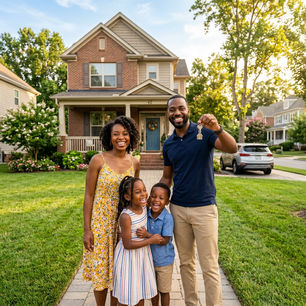 Happy family in front of their new home