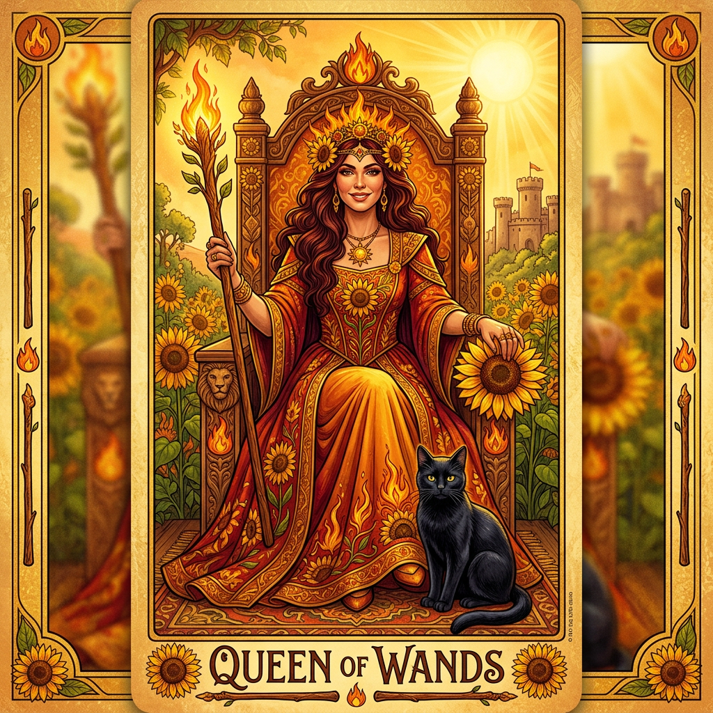 מלכה מטות (Queen of Wands) בטארוט — משמעות ישר והפוך