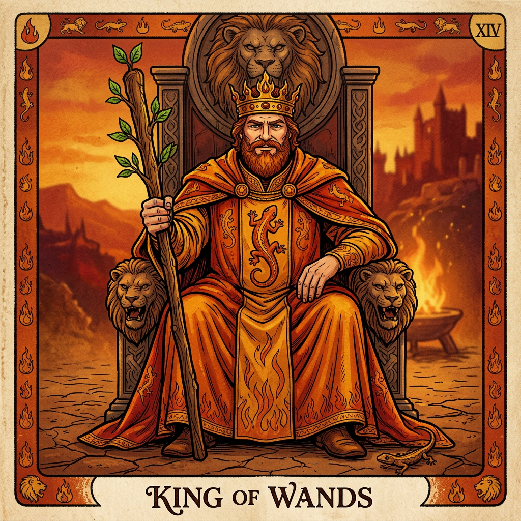 מלך מטות (King of Wands) בטארוט — משמעות ישר והפוך