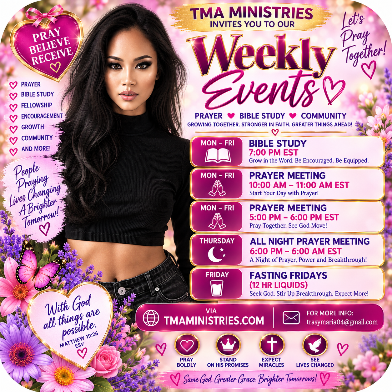 TMA Ministries Weekly Events — Pray, Bible Study, Community