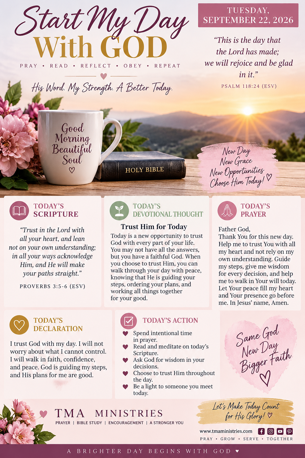 Today's devotional — scripture, devotional thought, prayer, declaration, and today's action steps