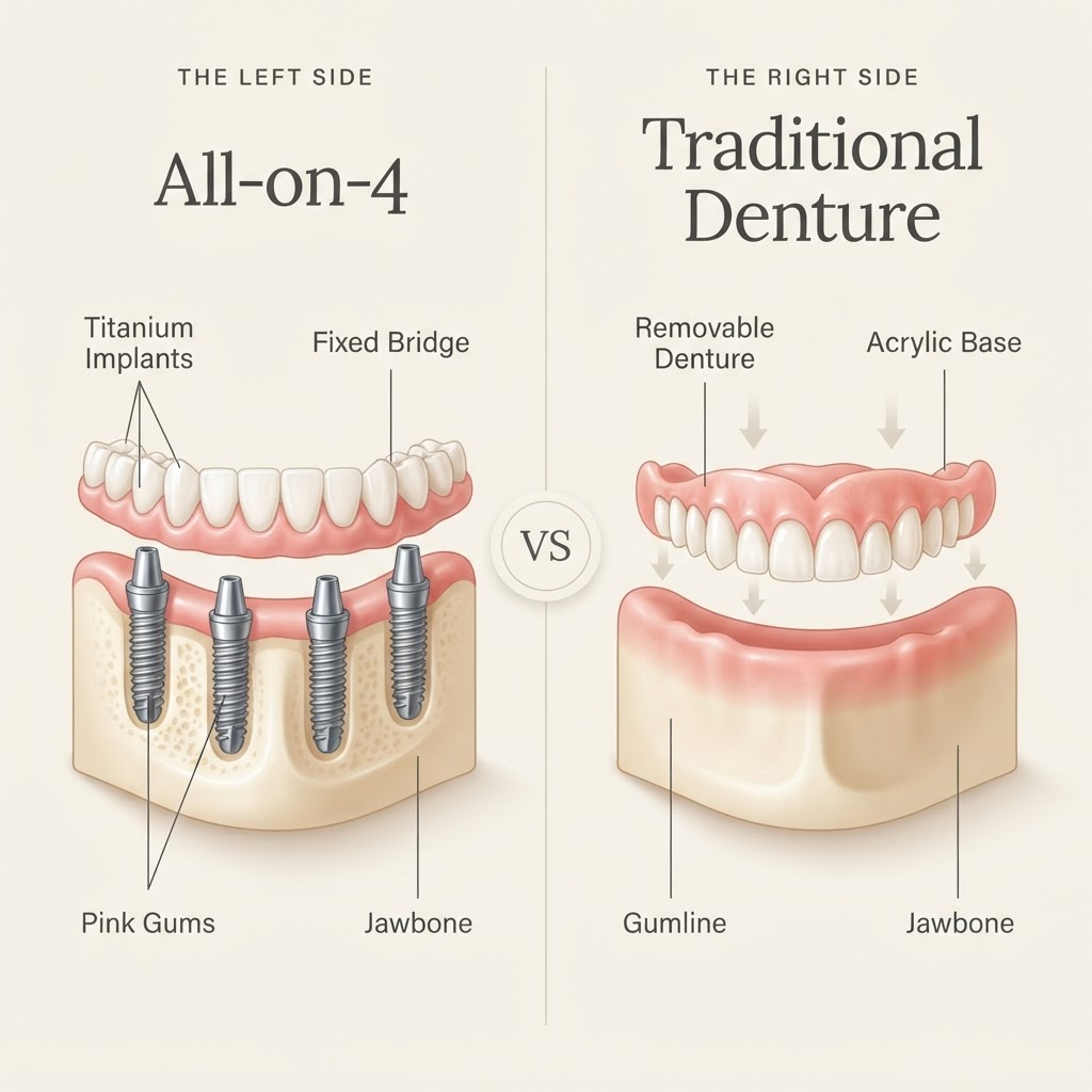 Illustrative fixed implant bridge and conventional removable denture