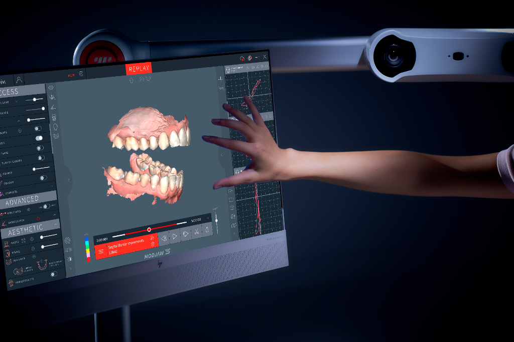 ModJaw Twim software showing 3D jaw motion replay — dark interface with real-time condylar tracking