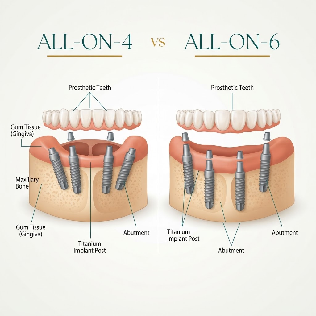 Illustrative four-implant and six-implant full-arch dental models