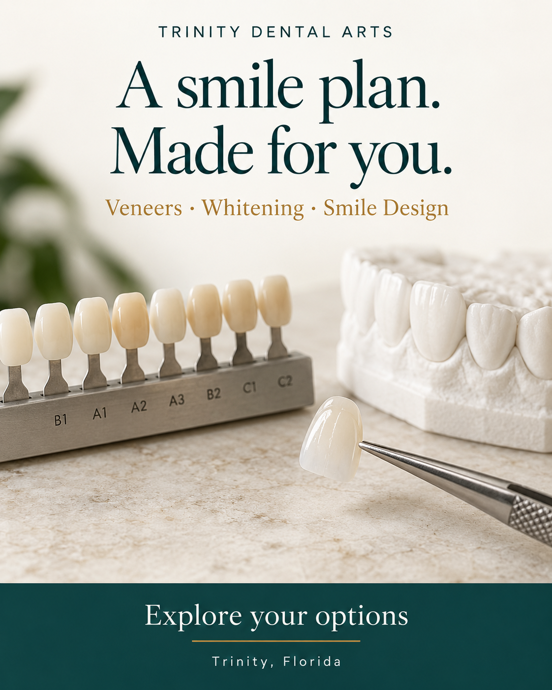 Trinity Dental Arts smile-planning artwork with a shade guide, dental model and porcelain veneer