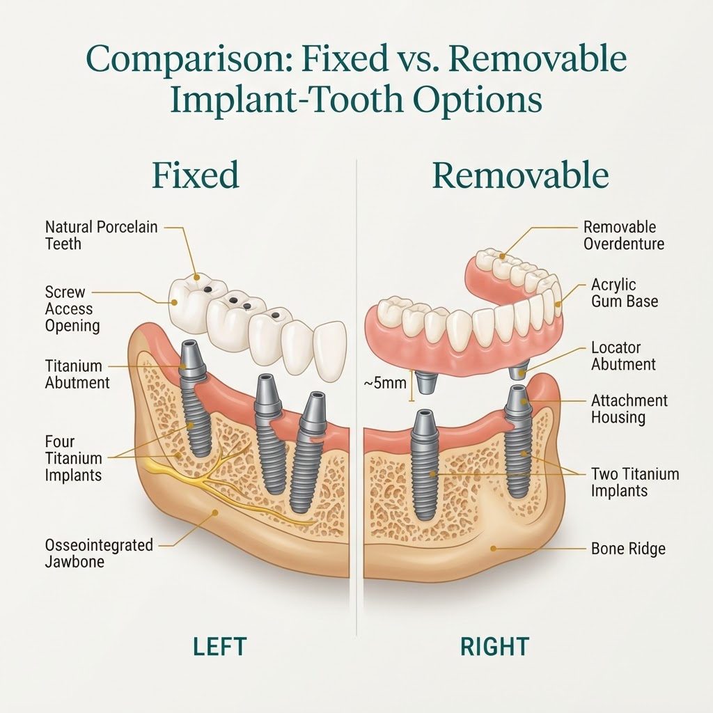 Fixed full-arch implant bridge versus a removable implant-supported overdenture — anatomical cross-section illustration