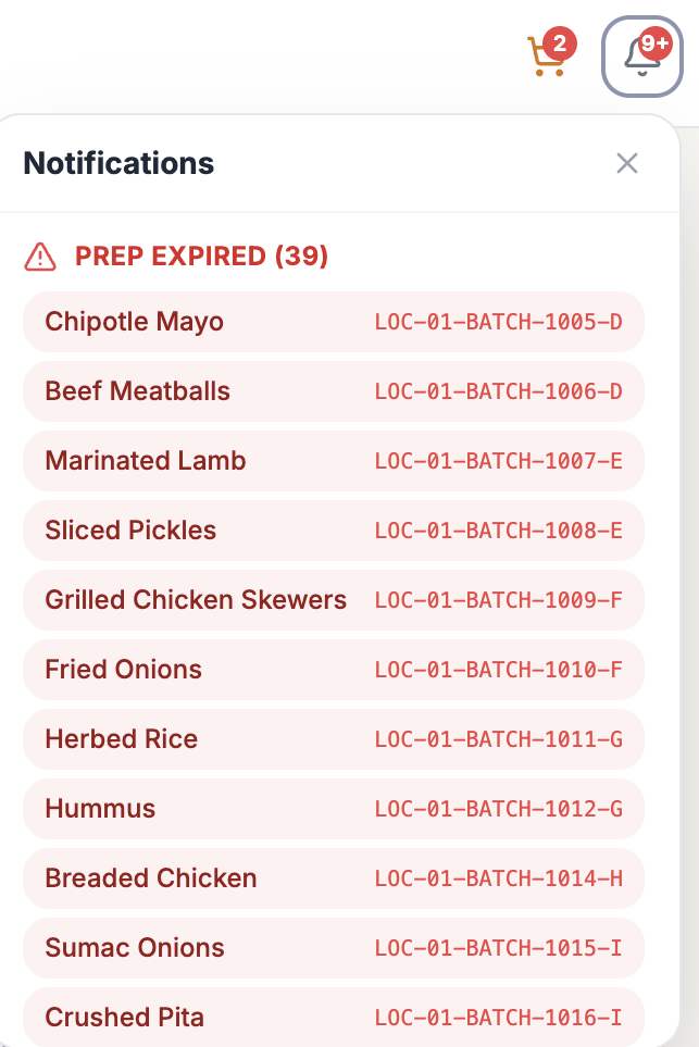 Notifications panel with expired prep batches