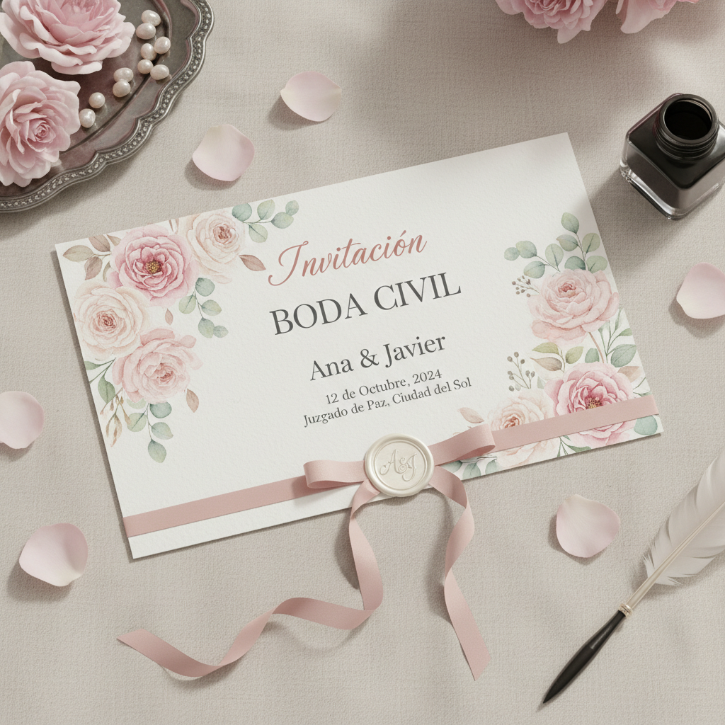 Invitación de boda civil. Diseño contemporáneo, sin elementos religiosos.