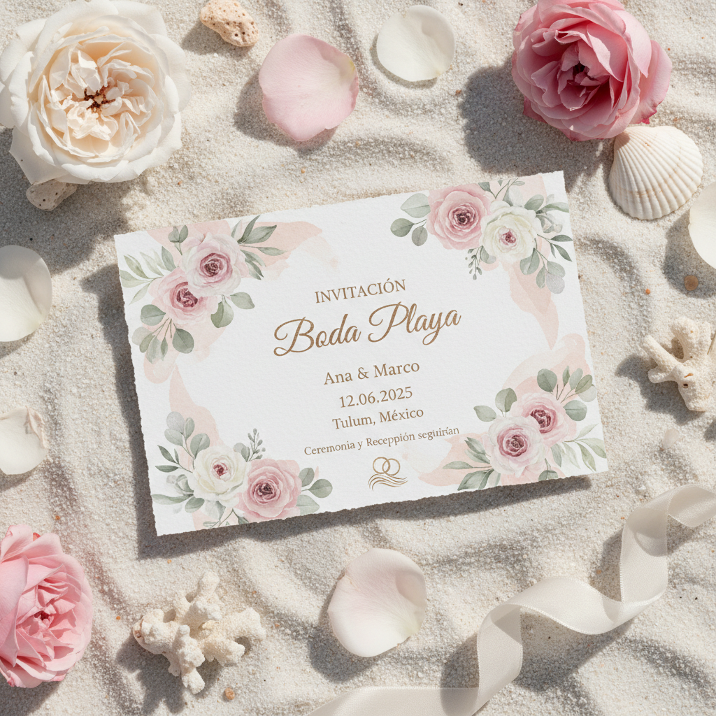 Invitación de boda en la playa. Diseño tropical, mapa interactivo.