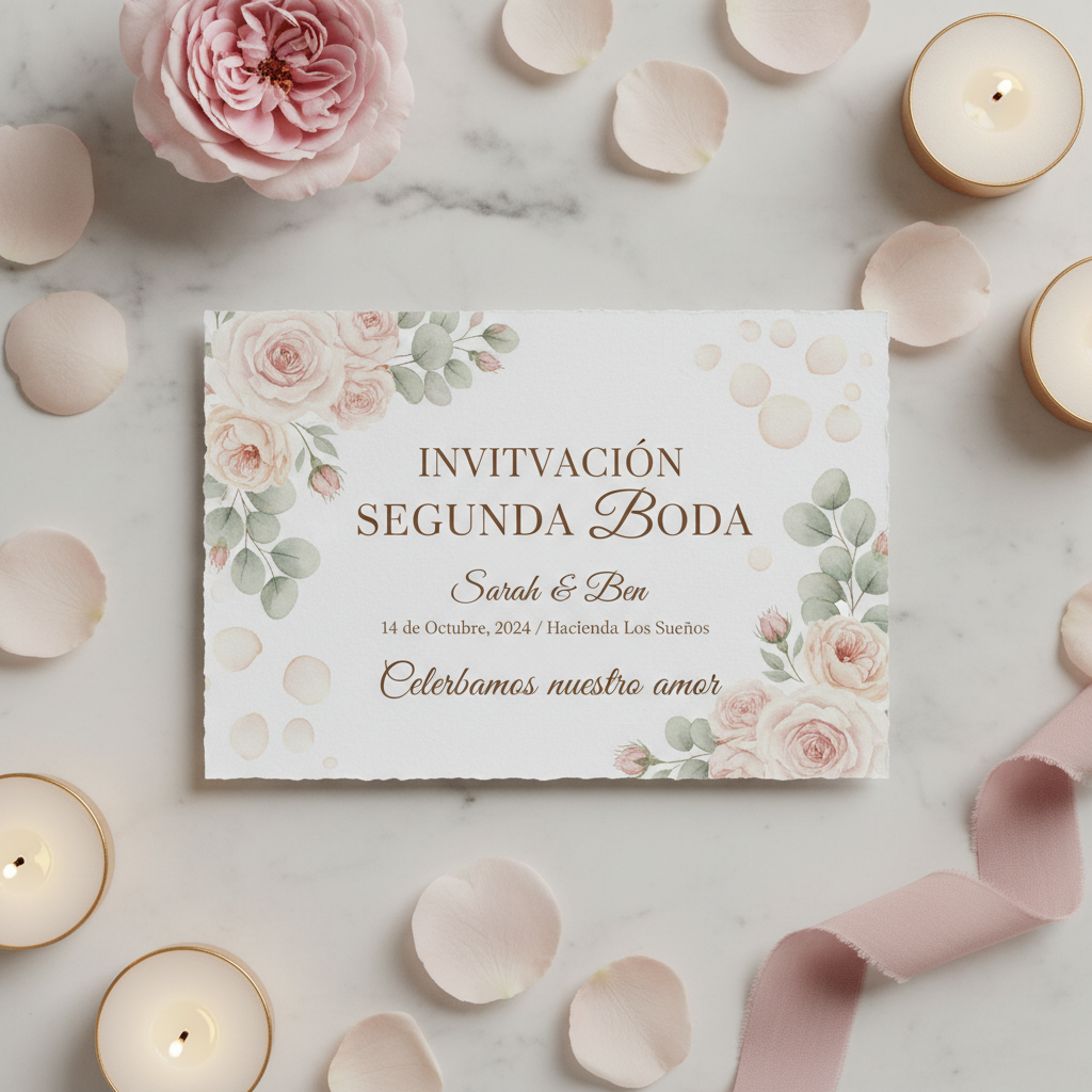 Segunda boda, reinicio. Tu invitación lo refleja: elegancia madura.