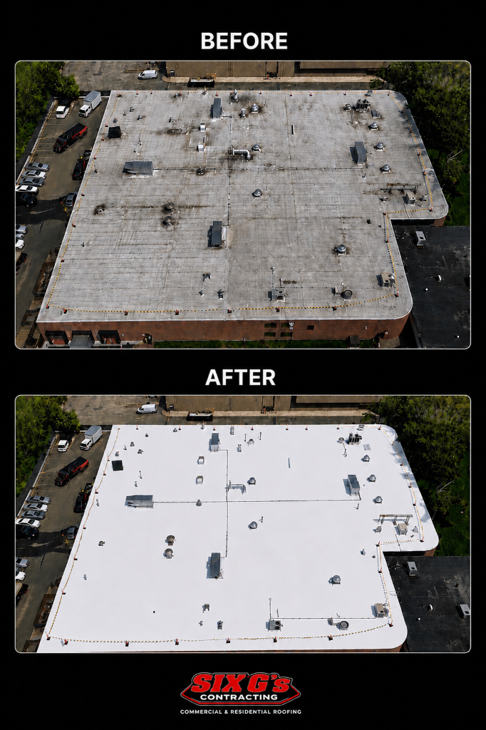 Commercial flat roof TPO before & after — aerial drone view