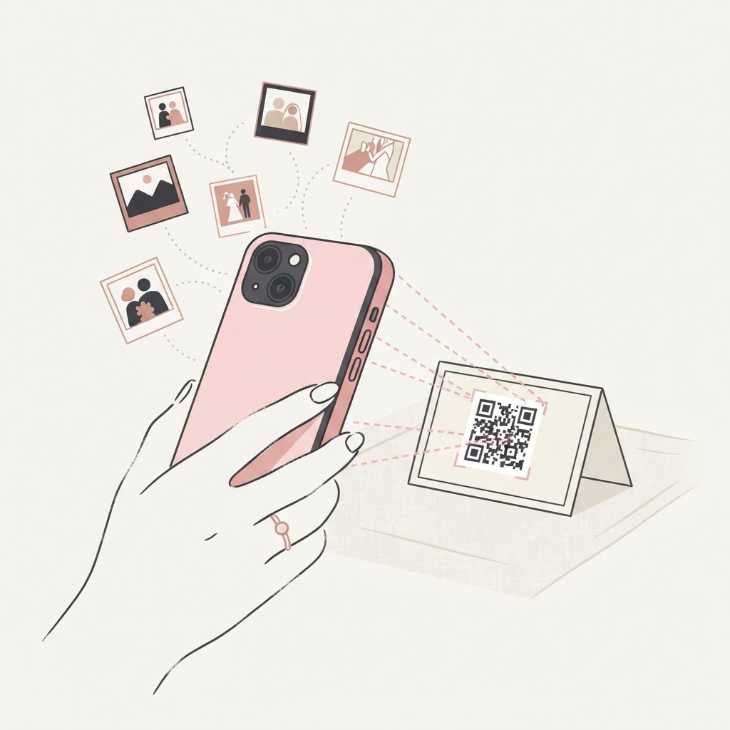 Illustration: Handy scannt QR-Code auf Tischkarte