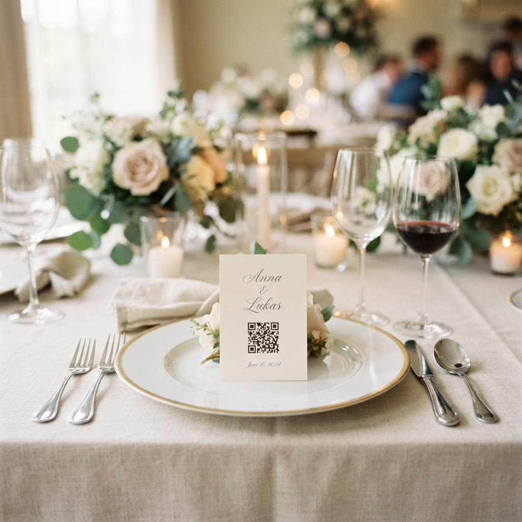 Tischkarte mit QR-Code auf einer Hochzeitstafel
