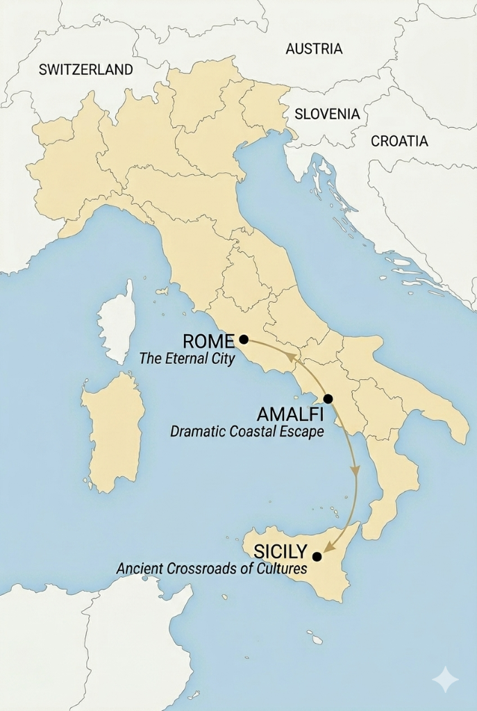 Italy route map — Rome, Amalfi Coast, Sicily