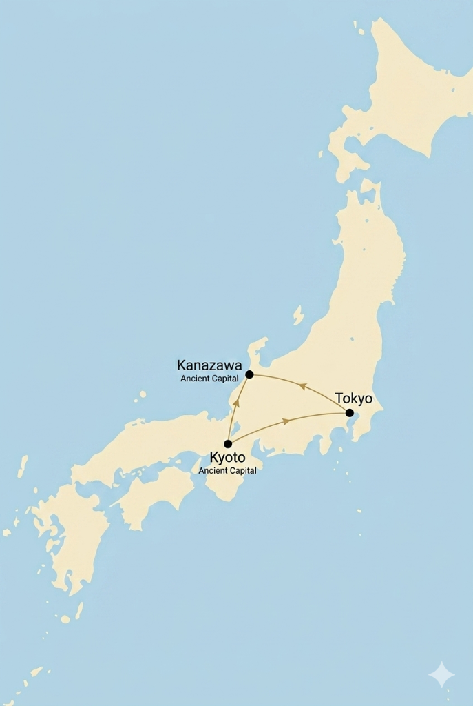 Japan route map - Tokyo, Kyoto, Kanazawa