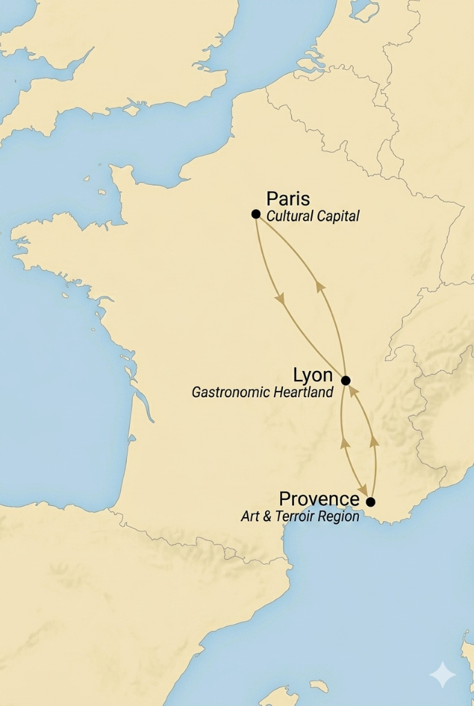 France route map — Paris, Lyon, Provence