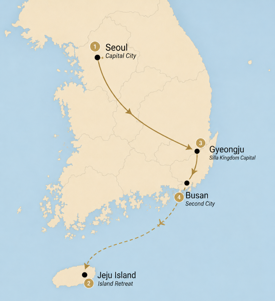 South Korea route map — Seoul, Jeju, Gyeongju, Busan