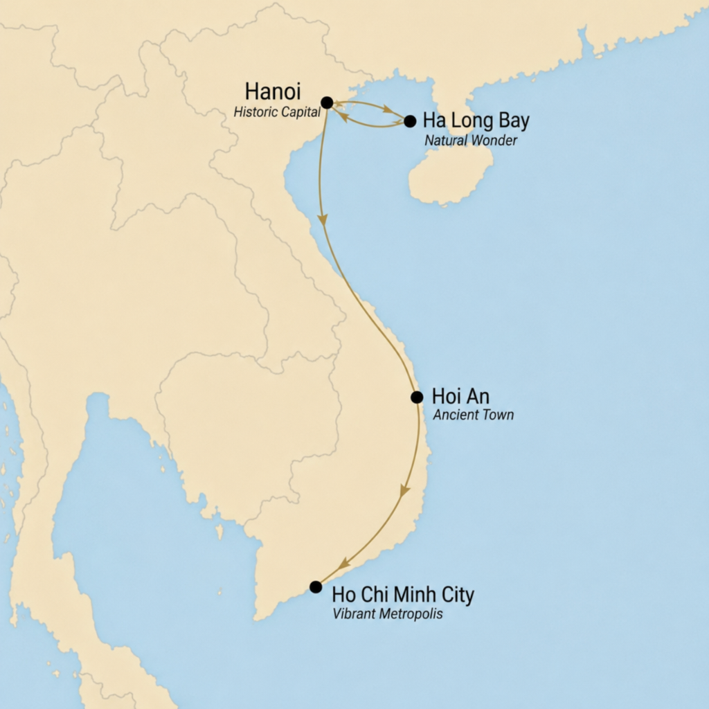 Vietnam route map - Hanoi, Ha Long Bay, Hoi An, Ho Chi Minh City