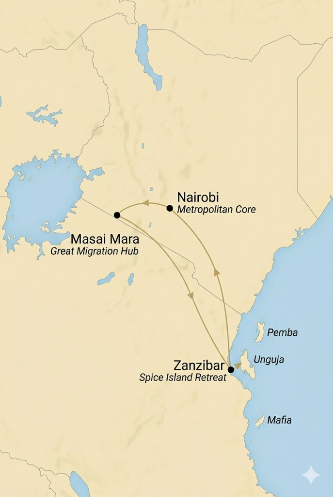 Kenya Tanzania Zanzibar route map — Nairobi, Masai Mara, Zanzibar