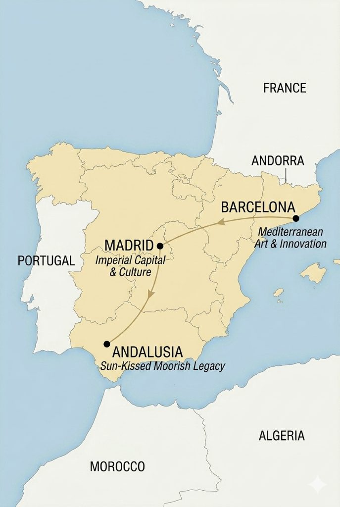 Spain route map — Barcelona, Madrid, Seville, Córdoba, Granada
