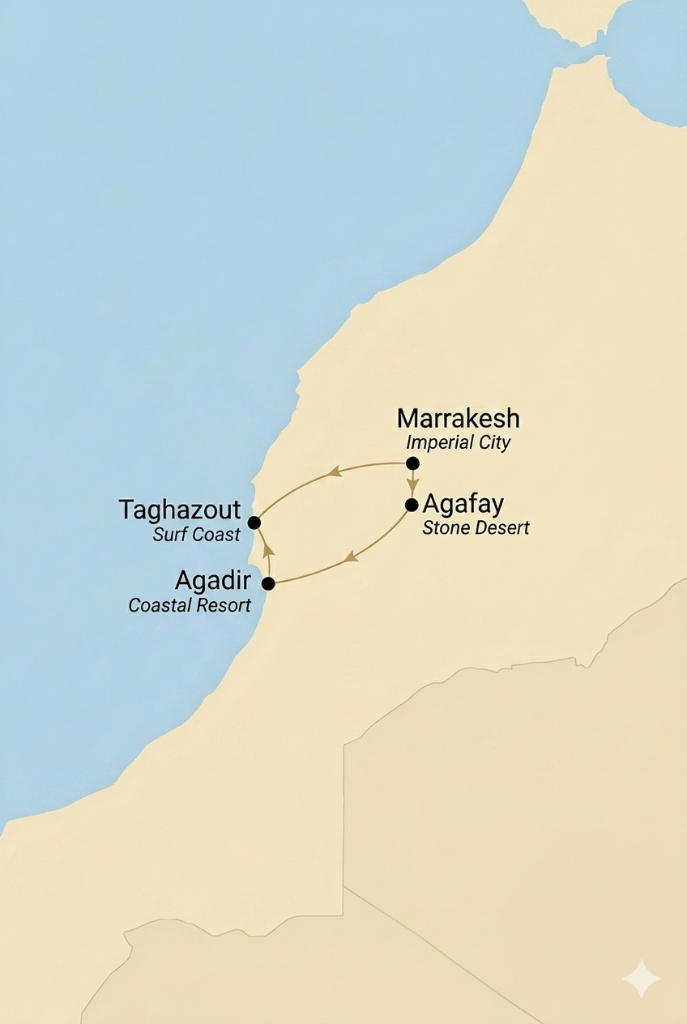 Morocco route map - Marrakesh, Agafay, Taghazout