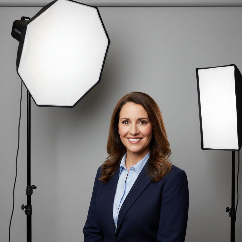 Step-by-step home headshot photography studio setup with ring light, white backdrop, and camera on tripod in a tidy bedroom corner