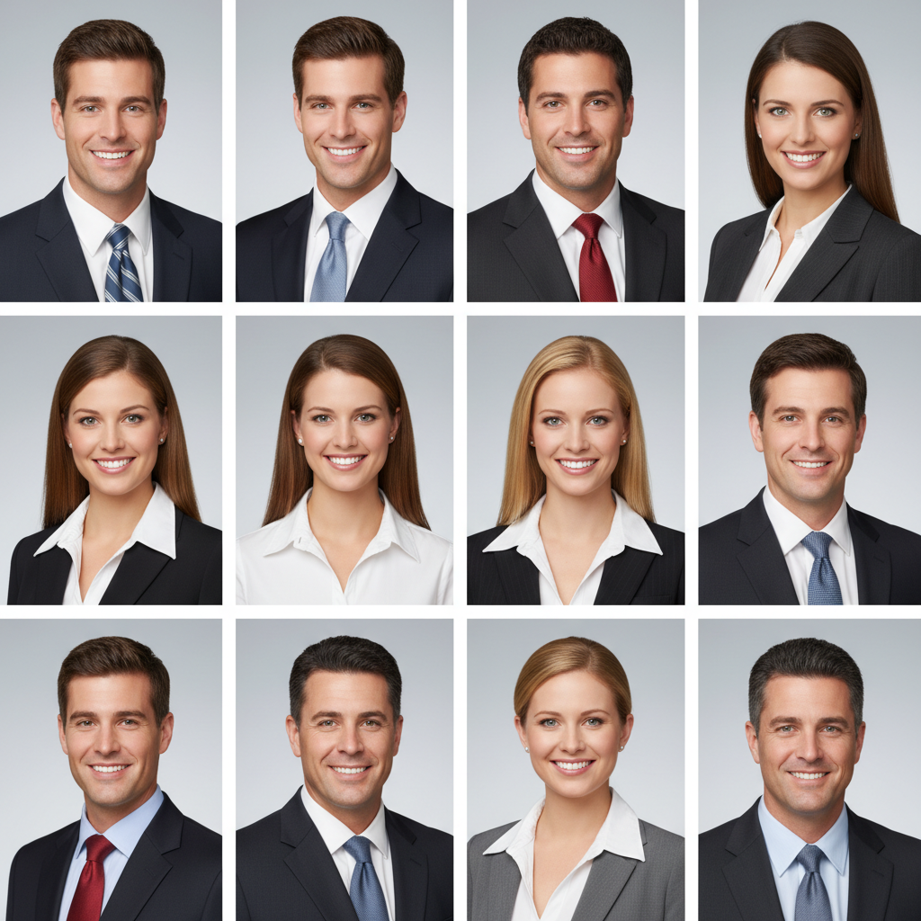 Grid of uniform bulk professional headshots for company directories showing consistent lighting, backgrounds, and corporate attire across diverse employees