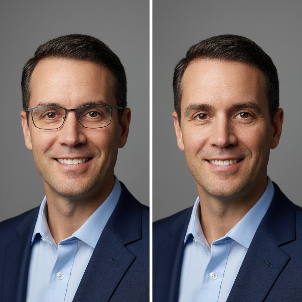 Side-by-side comparison of glasses vs no glasses for professional headshot photos showing a confident corporate professional in business attire