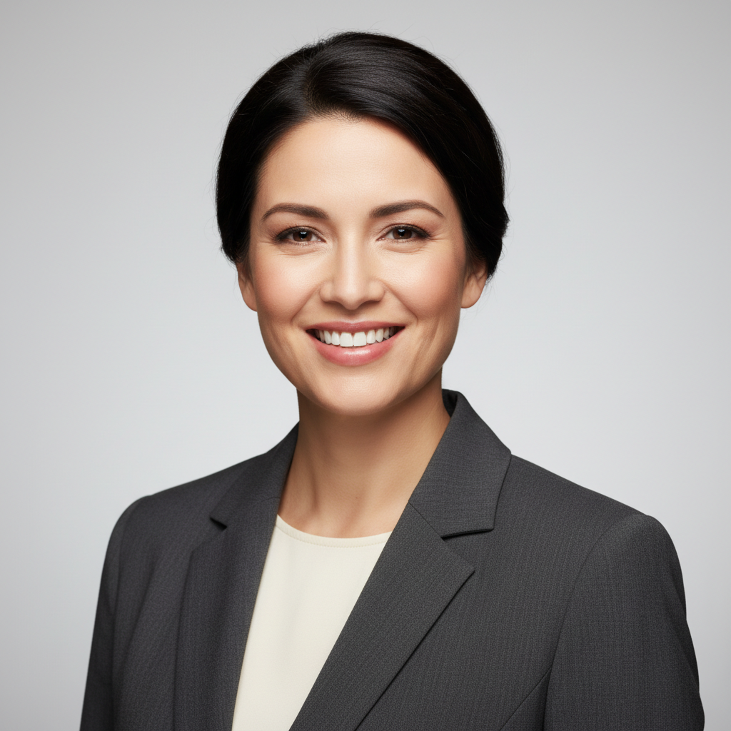 Person practicing how to smile naturally in a professional headshot photo in front of a softly lit neutral background