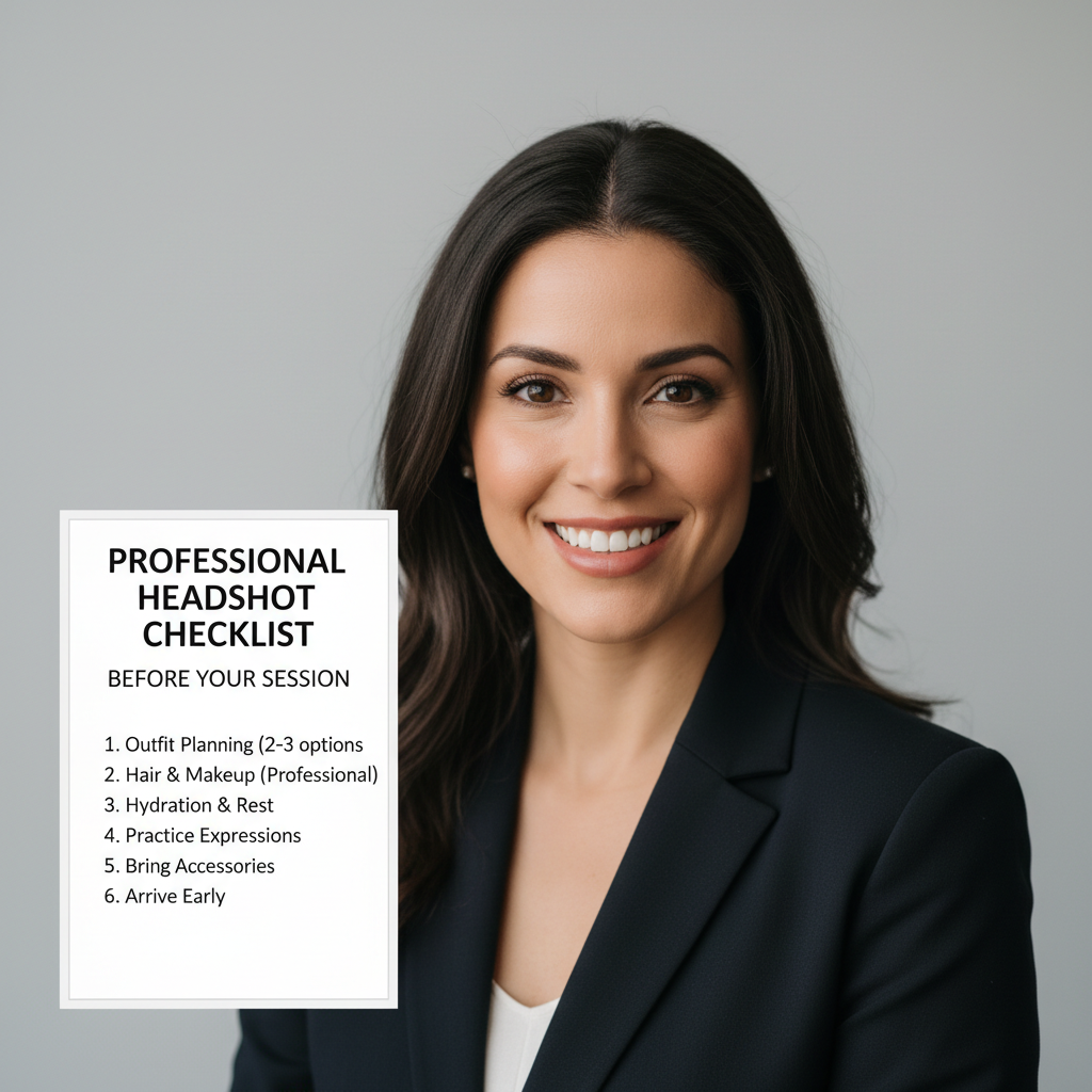 Professional woman reviewing a professional headshot photography checklist before her session in a bright modern office